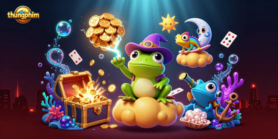 thungphim showcases a vibrant scene of a wizard frog amidst golden coins and chameleons in a casino setting