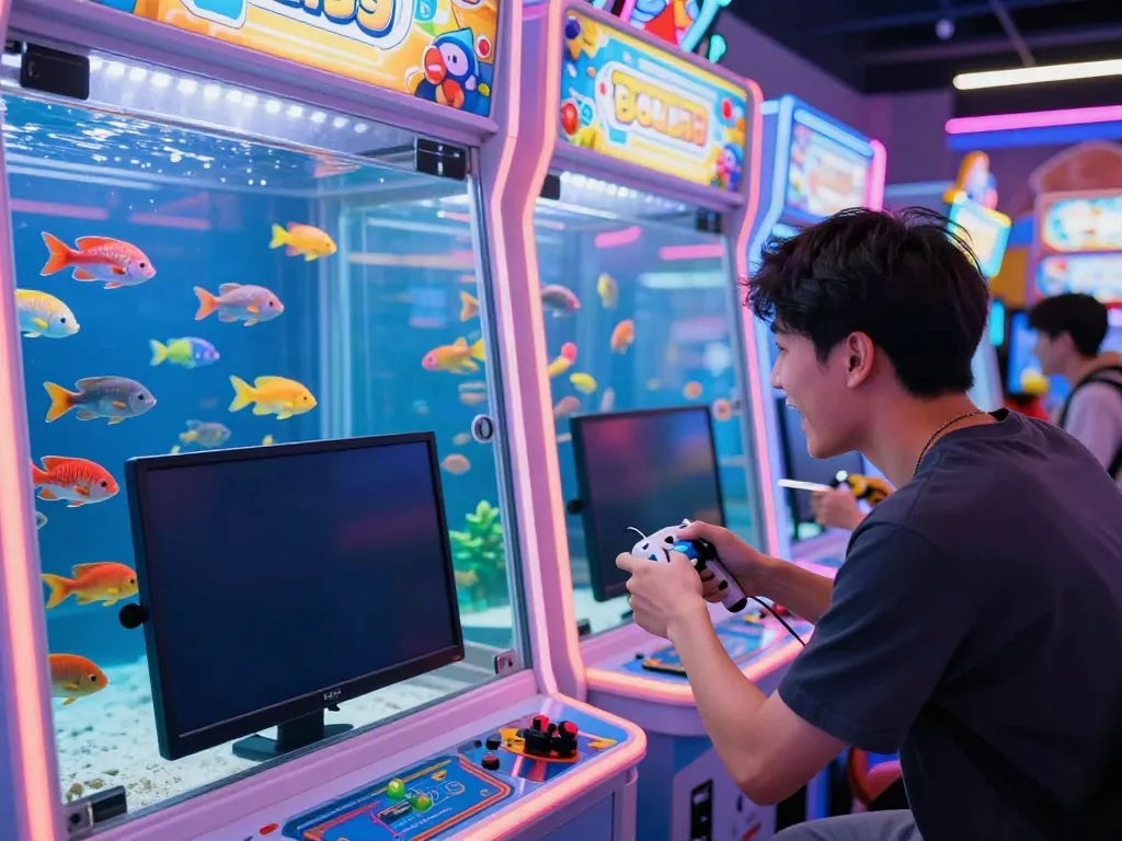 Excited player aiming at lại là Bắn cá đổi thưởng game with colorful fish on screen in a vibrant arcade.