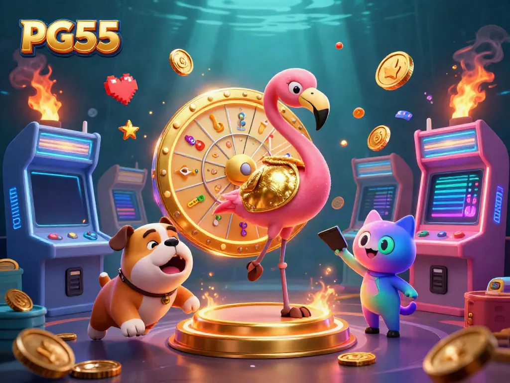 Experience the excitement of PG55 casino with game show characters and vibrant gaming elements.