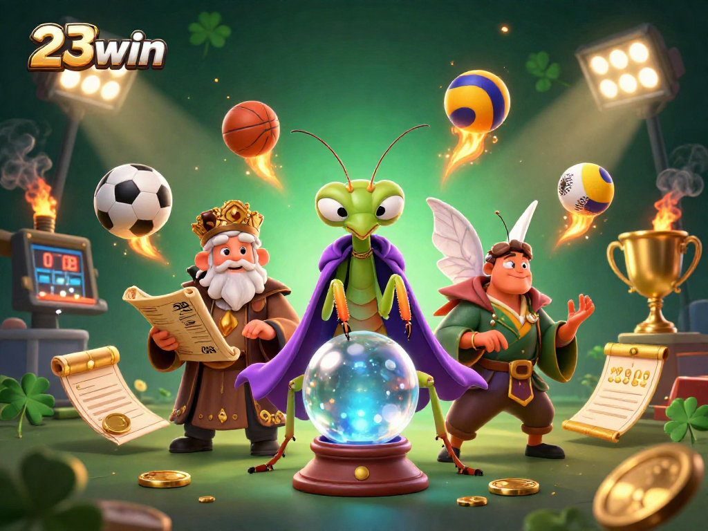 23win showcases a dynamic, mystical gaming scene with fortune teller characters and sports elements.