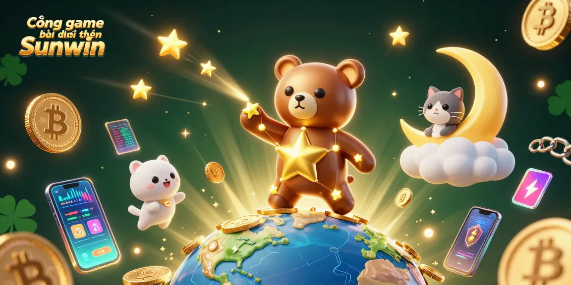 Cổng game bài đổi thưởng Sunwin captivates gamers with a vibrant 3D celestial scene depicting a constellation bear gathering coins.
