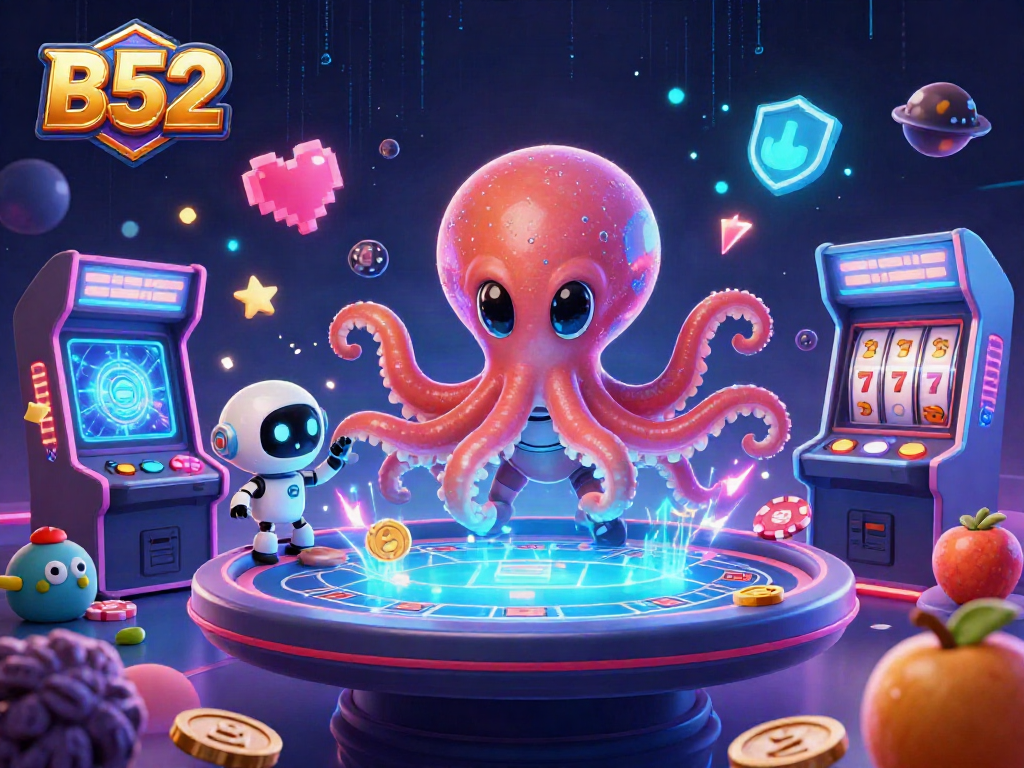 Engage with B52-themed gaming excitement at a holographic poker table, featuring vibrant slot elements.