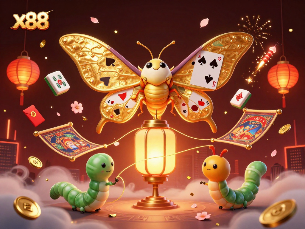 Experience the thrill of x88 as the vibrant illustration showcases enchanting casino elements.