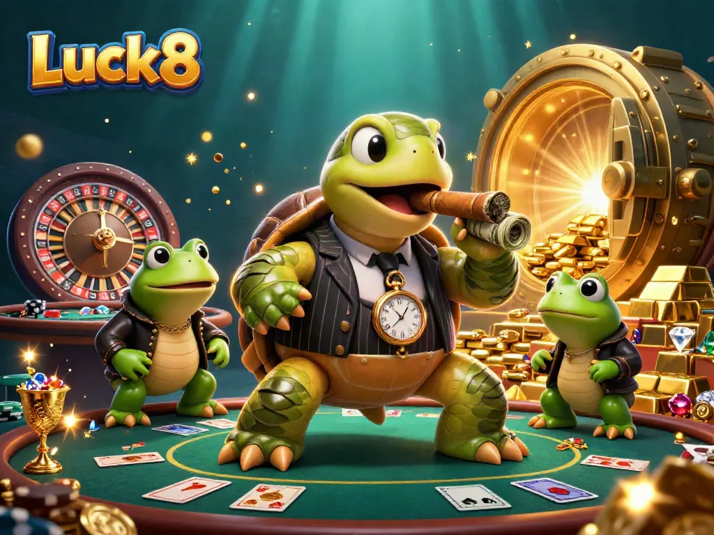 Engaging scene featuring a vibrant turtle mobster and bullfrogs promoting Luck8 casino games.