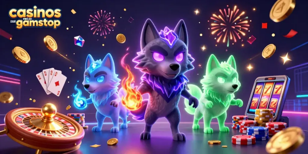 Experience the thrill of casinos not on gamstop with animated wolves and vibrant casino elements.