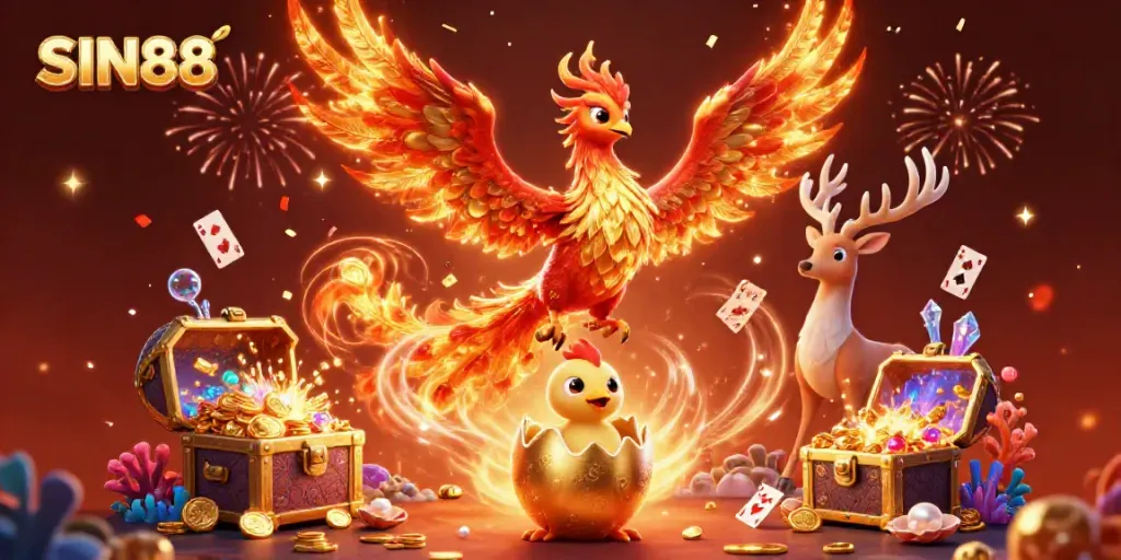 SIN88 features a vibrant 3D illustration of a phoenix and casino elements, celebrating gaming amidst dynamic visuals.