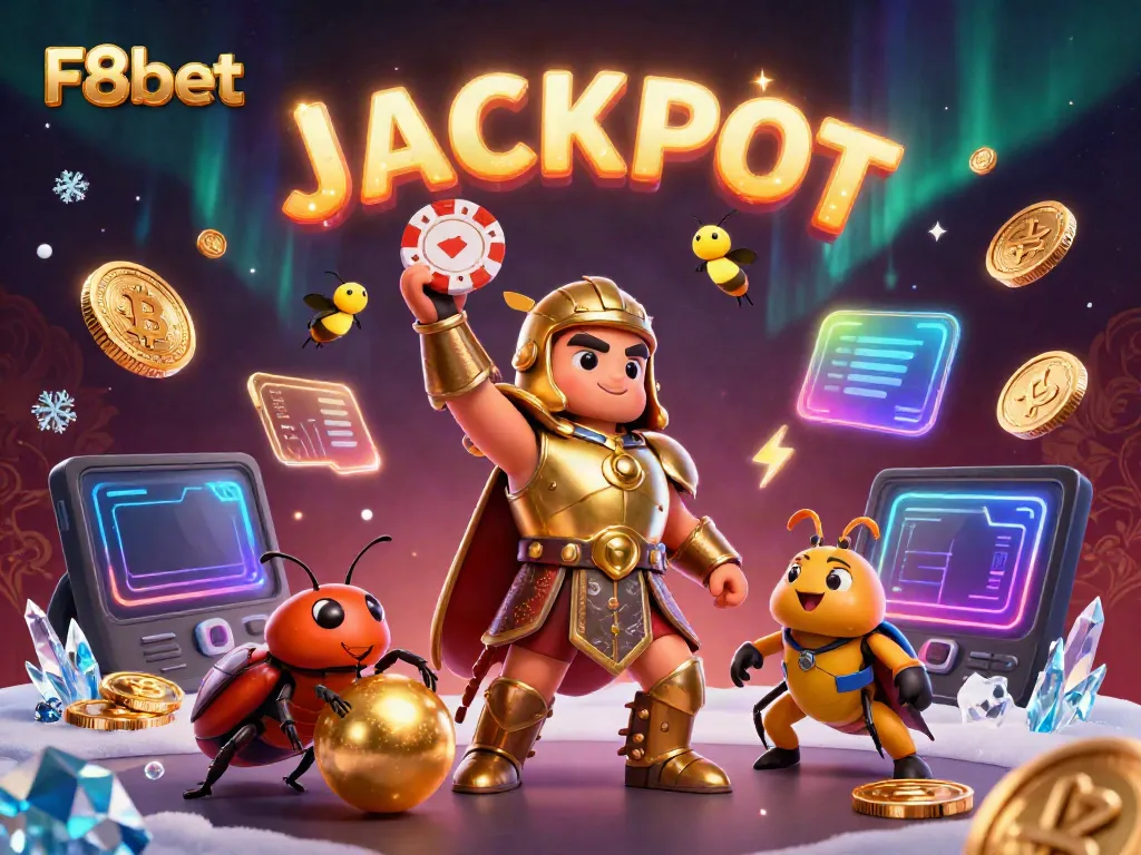 F8bet's vibrant online casino scene featuring a victorious beetle and glowing cryptocurrency icons.
