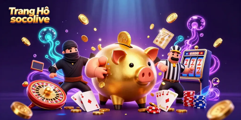 Experience the excitement of Trang Chủ socolive with golden piggy bank sumo wrestler and dynamic casino elements.