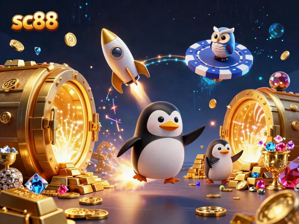 Experience the excitement of sc88 as a golden penguin soars towards a casino space station.