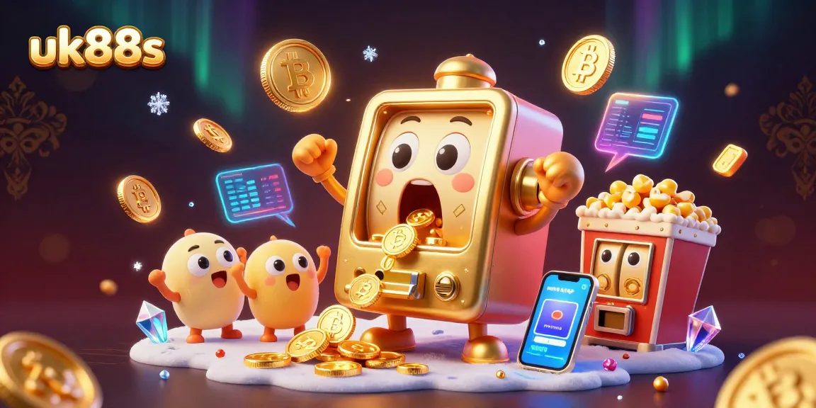 uk88s slot machine hits jackpot while coins pour out, with crypto elements and festive energy