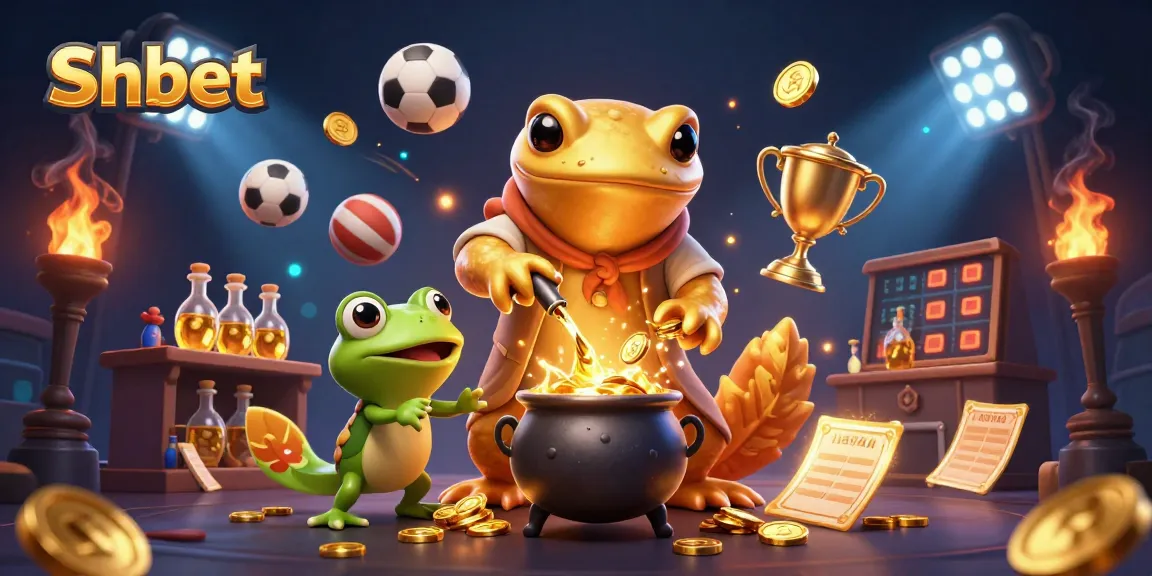 Shbet players enjoy a vibrant gaming experience with gold coins, sports elements, and a golden salamander in a dynamic scene.