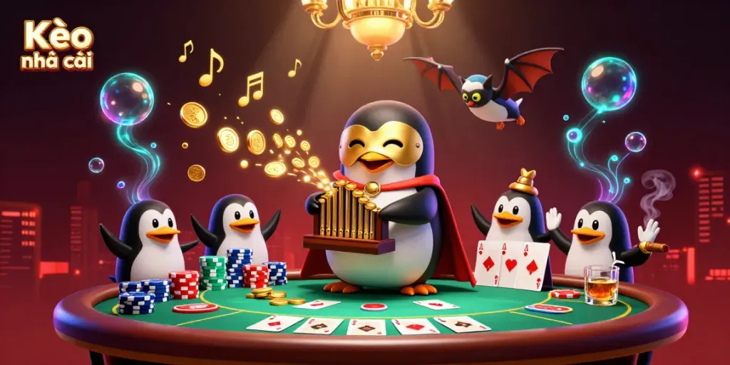 Experience Kèo nhà cái with a lively 3D scene showcasing a penguin organist amidst poker elements and golden effects.
