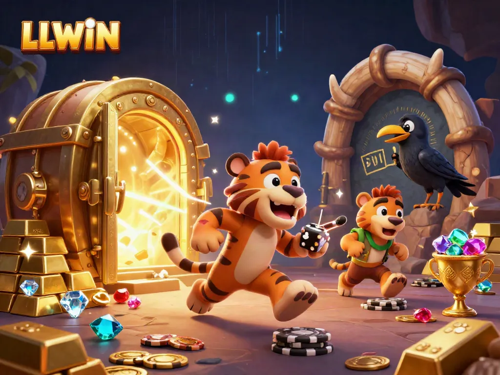 LLWIN showcases exciting gameplay with a cartoon caveman and sabertooth tiger duo in a vibrant prehistoric casino scene.