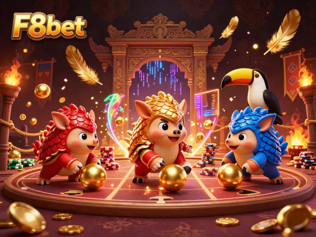 Rival pangolins on F8bet bowling through poker chips in a vibrant casino scene.