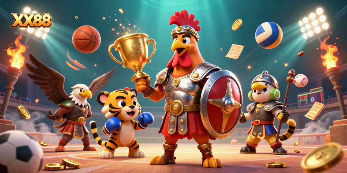 Experience thrilling gameplay at XX88 with a dynamic scene of a gladiator rooster and sports elements.