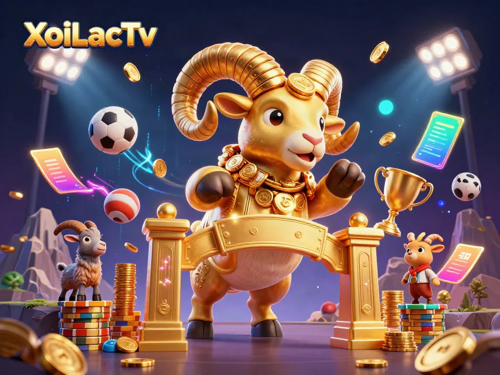 XoiLacTv showcases an energetic scene featuring a golden ram charging through a vibrant sports-themed backdrop.