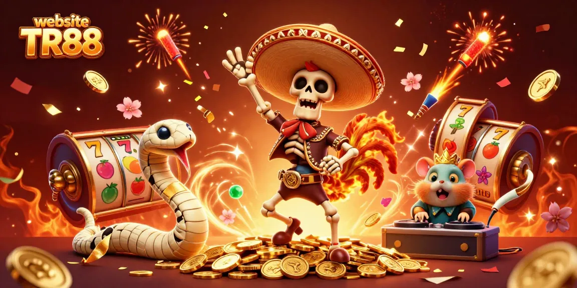 Engaging scene on website TR88 showcasing vibrant 3D characters amidst slot game elements and festive decorations.