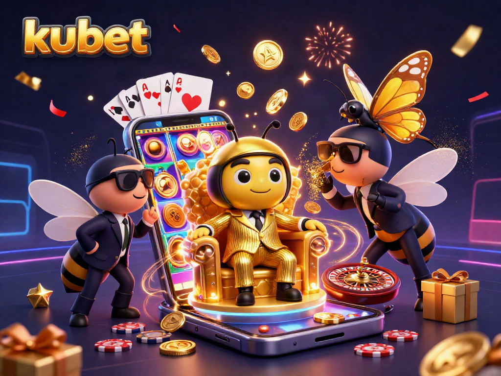 Kubet engaging high-stakes fun in a dynamic casino scene with colorful slot games and vibrant characters.