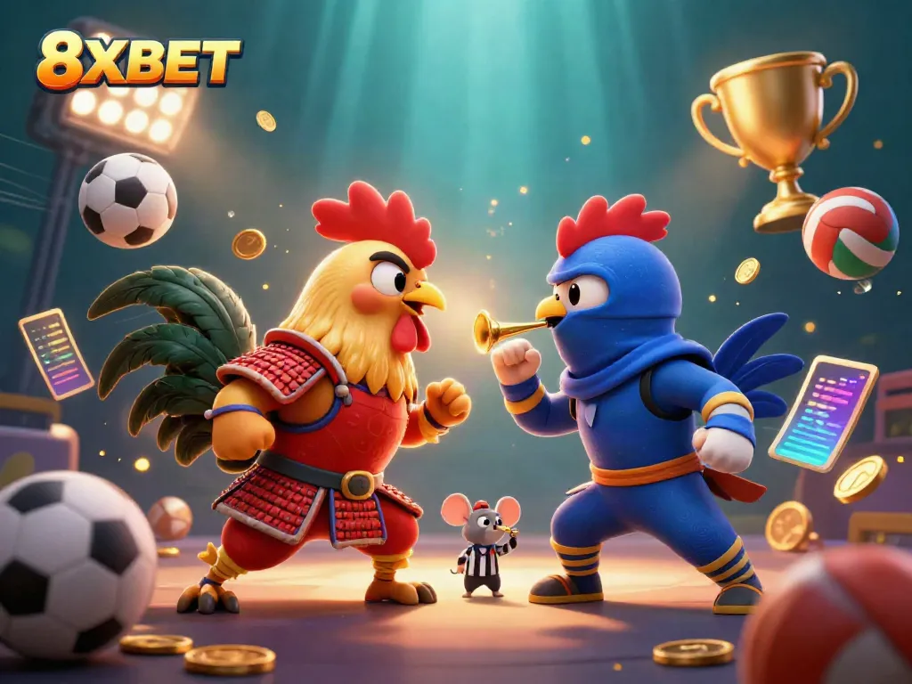 8XBET showcases dynamic fighting roosters in a vibrant casino-themed illustration, blending sports and gaming excitement.