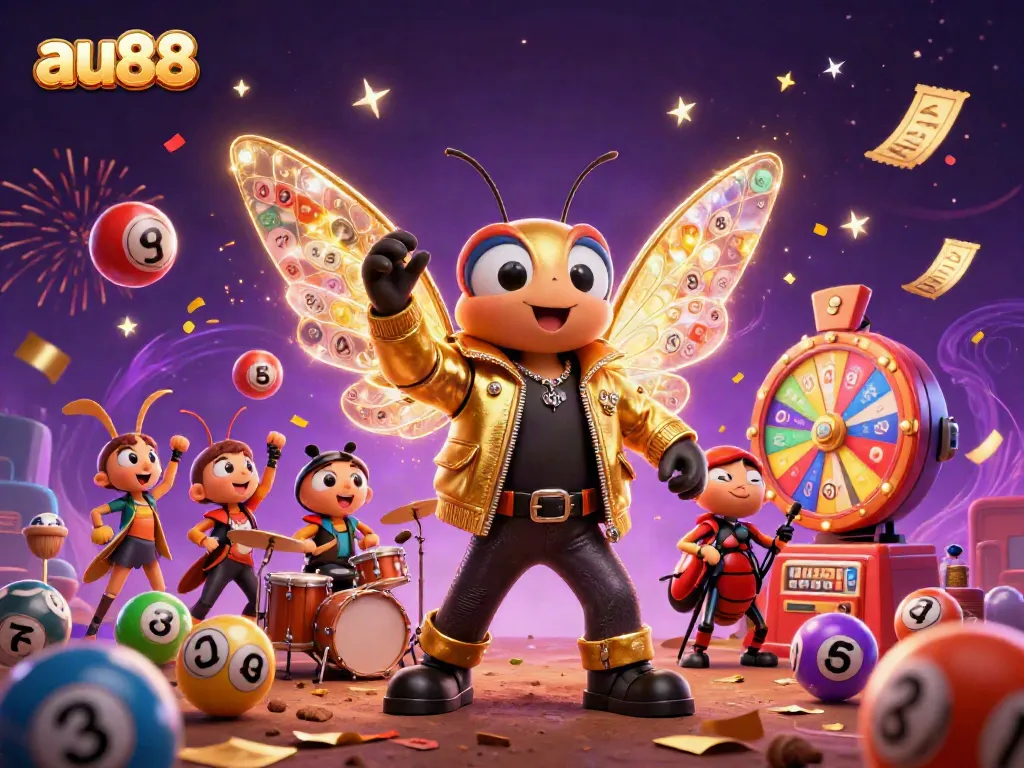 Experience the excitement of au88 with vibrant lottery elements and a fun rock star theme.