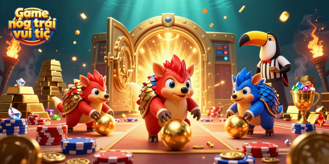 Game nông trại vui vẻ showcases rival pangolins in armor bowling through poker chips in a vibrant casino scene.