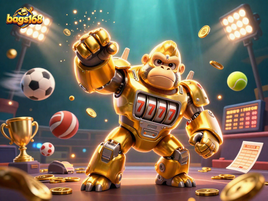 Bags168 showcases a dynamic 3D gambling scene featuring a transformer-style golden gorilla mech amidst flying sports balls and betting slips.