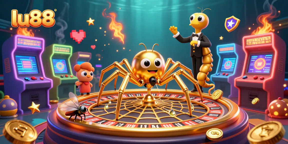 Place your bets with lu88 at this vibrant and energetic casino scene featuring a golden spider and centipede croupier.
