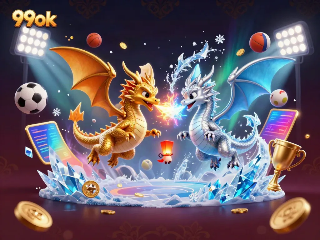 Experience thrilling action with 99ok dragons and sports elements in a dynamic casino scene.