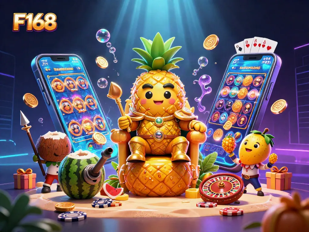 Spin and win with F168 in a vibrant 3D casino scene featuring dynamic characters and game elements.