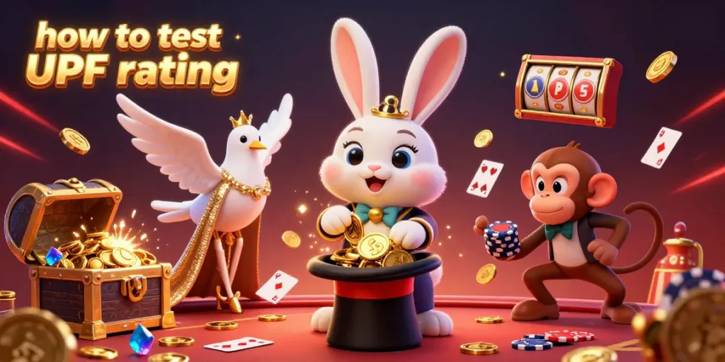 Experience how to test UPF rating with our fun casino-themed illustration, showcasing a magician rabbit and gaming elements.