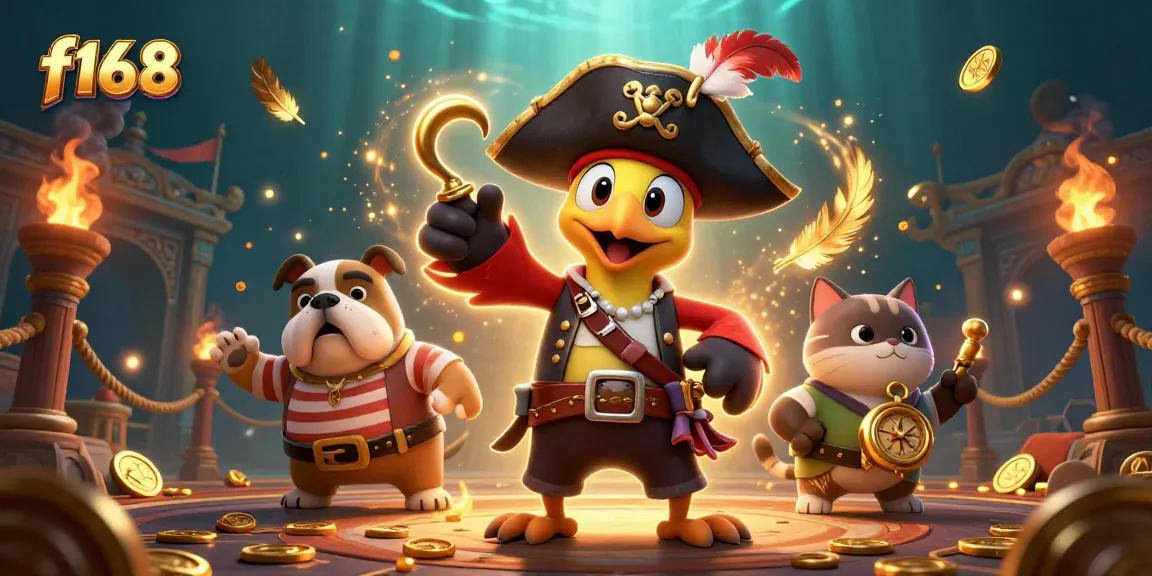 Join the adventure at f168 with a 3D pirate captain and his crew in an exciting gambling scene.