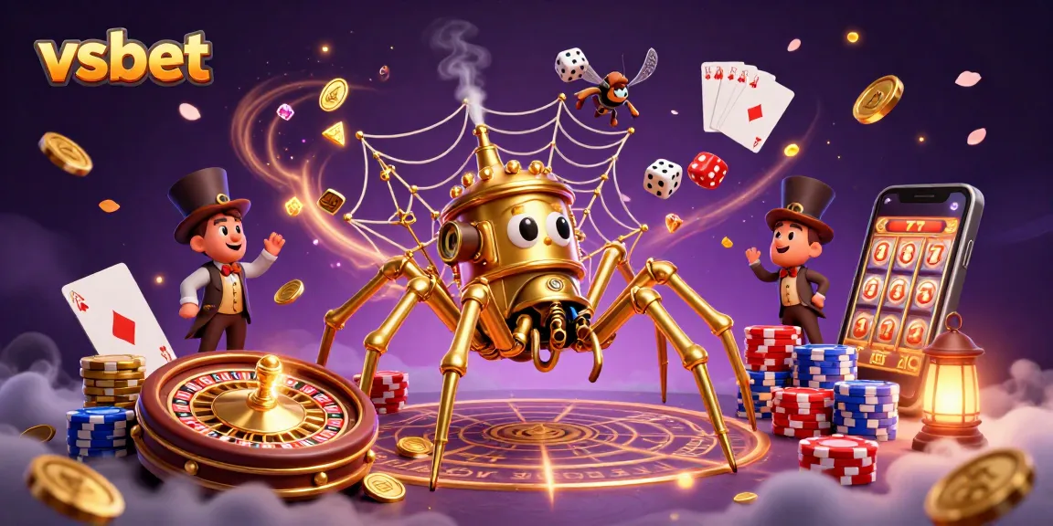 Engage with vsbet's steampunk spider casino scene featuring dynamic game elements and dazzling coins.