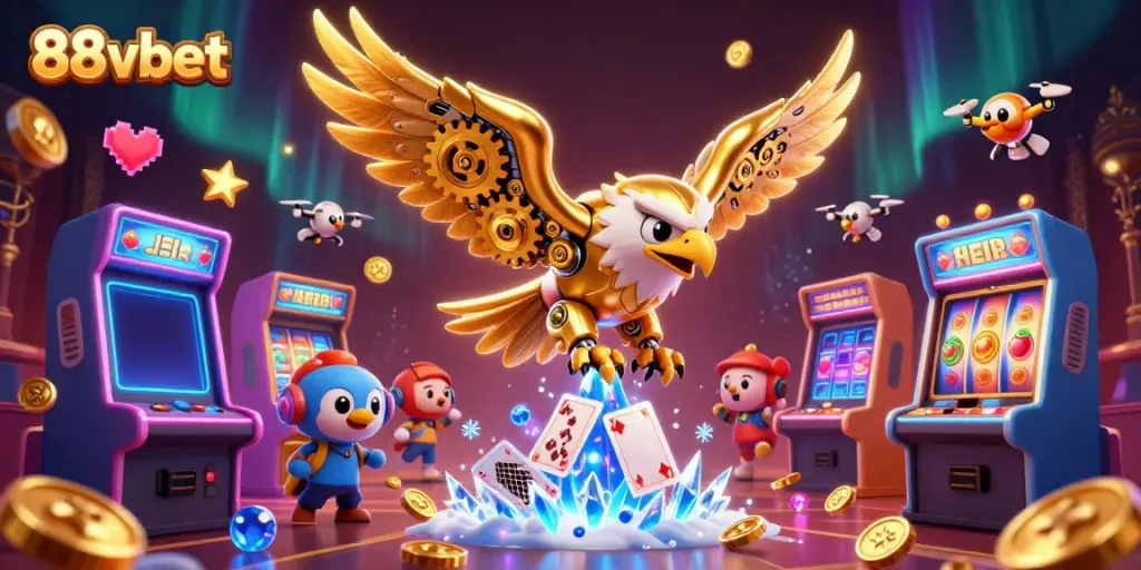 Engage with the thrills of 88vbet in this vibrant 3D illustration featuring a cybernetic eagle surrounded by casino elements.