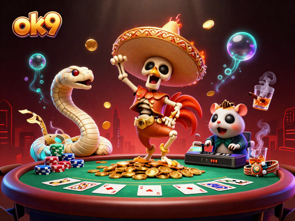 ok9 players enjoying a vibrant victory dance scene with a mariachi rooster amidst piles of poker chips and gold coins.