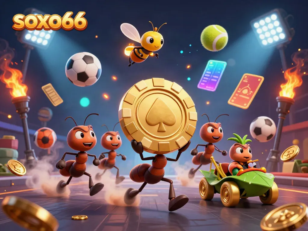 Soxo66 team of ants carrying a giant poker chip in a casino tunnel heist adventure.
