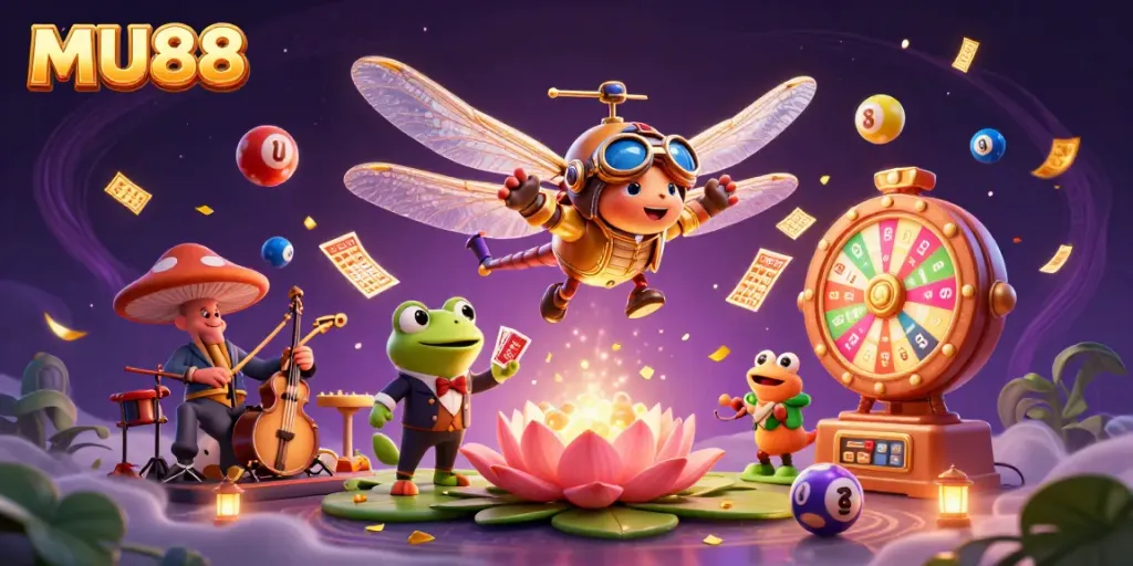 Experience the lively casino scene at MU88 featuring a dragonfly pilot, frog croupier, and jazz cricket musicians.