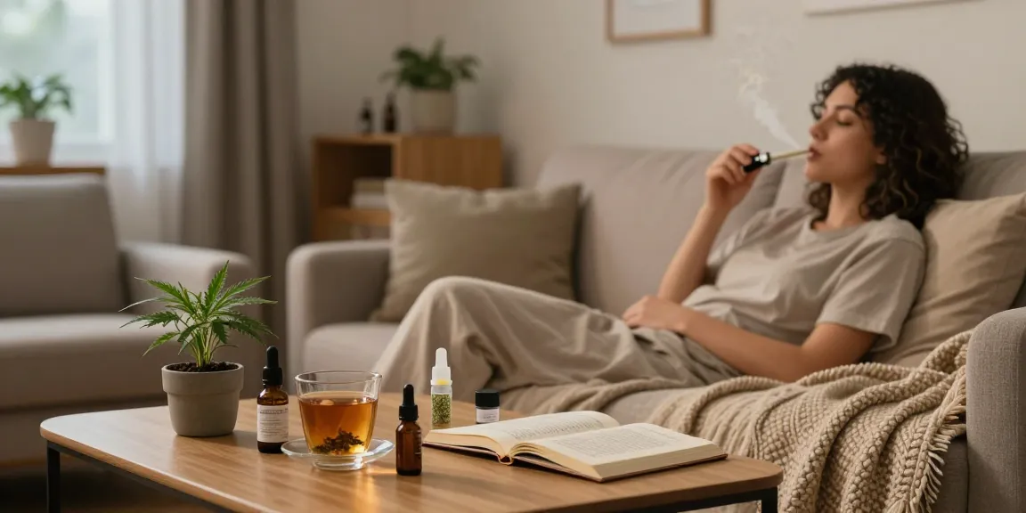 Relaxing evening with thc vape juice and wellness products in cozy living room setting