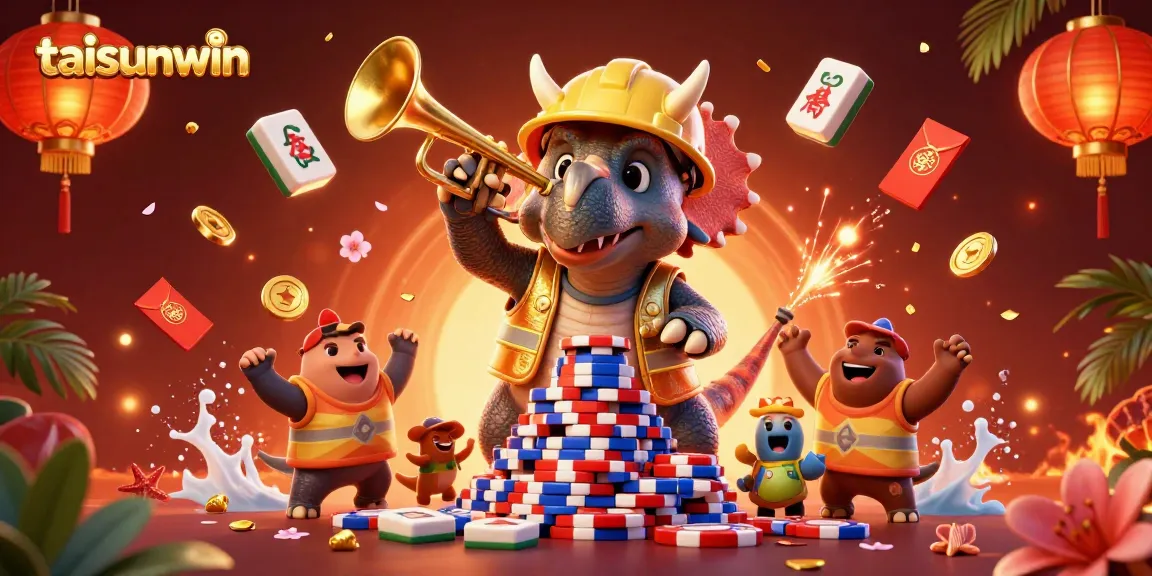 Experience the excitement of taisunwin with vibrant 3D characters building a poker chip pyramid.