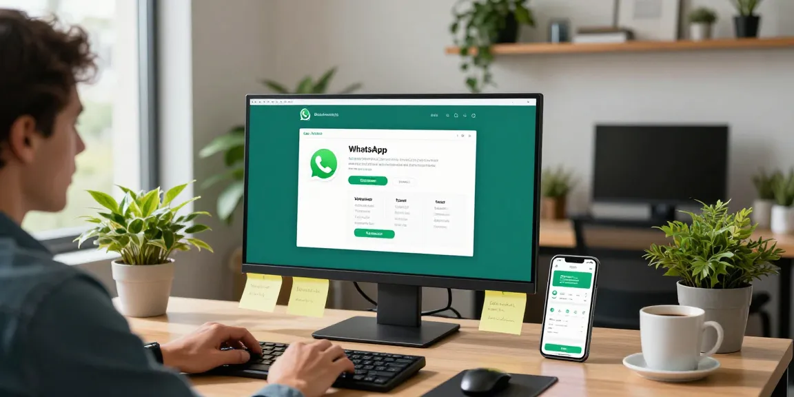 Process of WhatsApp下載 on dual screens in a modern tech workspace.
