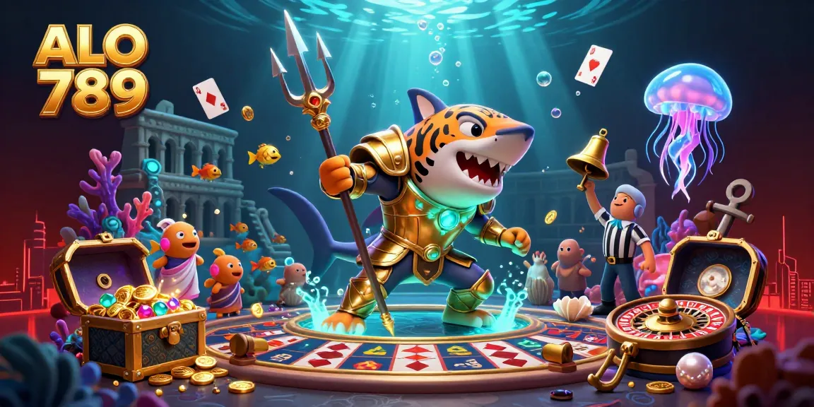 Engage with ALO 789's thrilling gaming atmosphere featuring a fierce shark gladiator in a dynamic underwater scene.