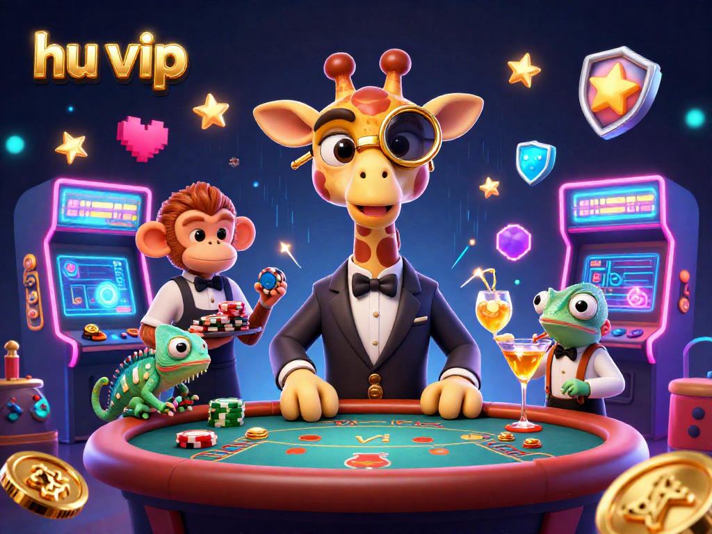 Engage in high-stakes gaming with hu vip featuring a stylish giraffe and lively casino elements.