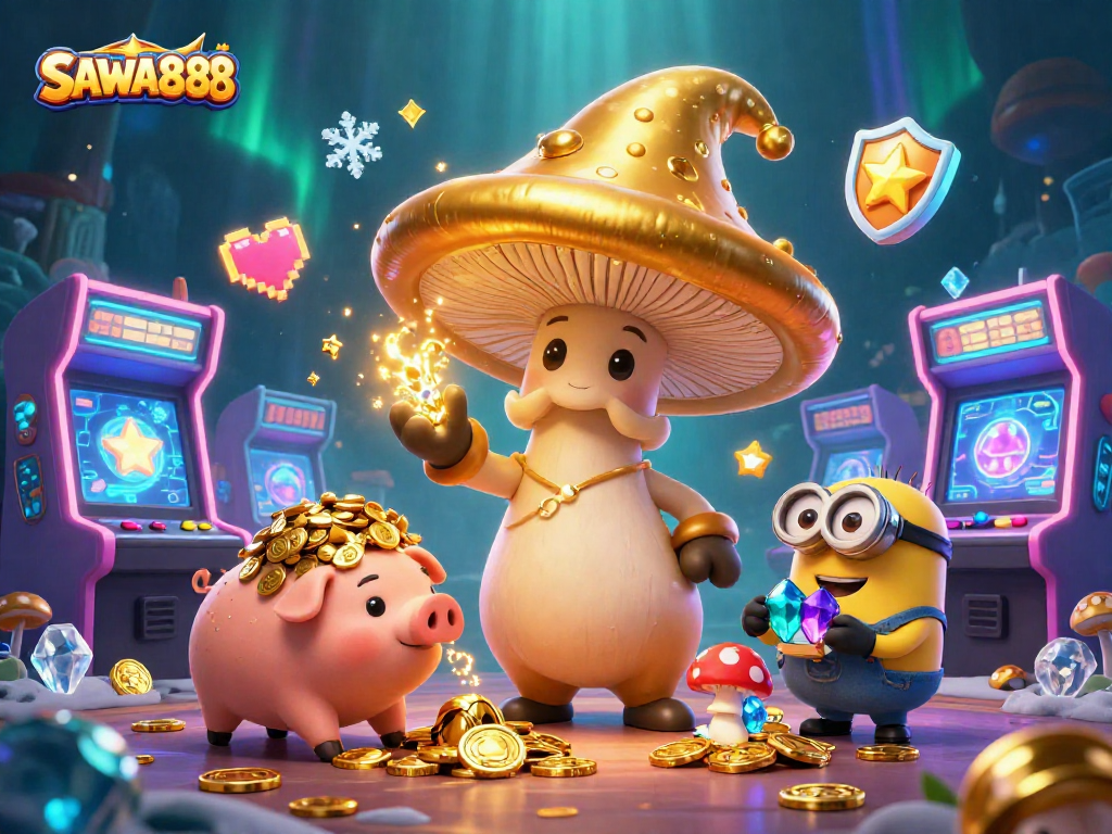 Experience the magic of SAWA888 as you unlock golden treasures in this vibrant casino illustration.