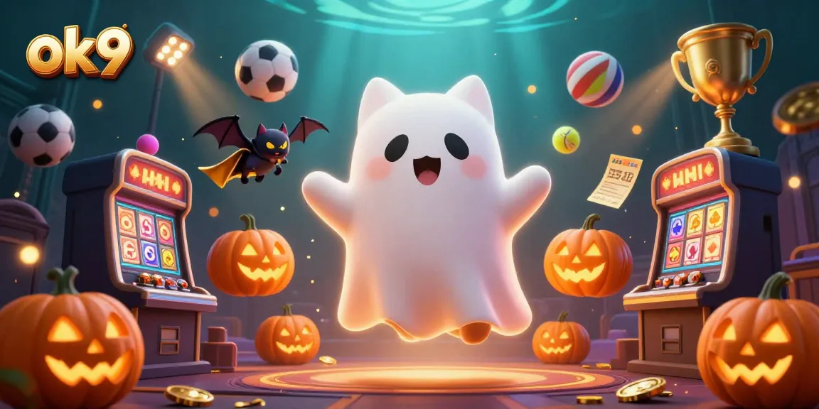 Engage with the lively ok9 casino illustration featuring a ghost cat and vampire bat amid dynamic gambling elements.