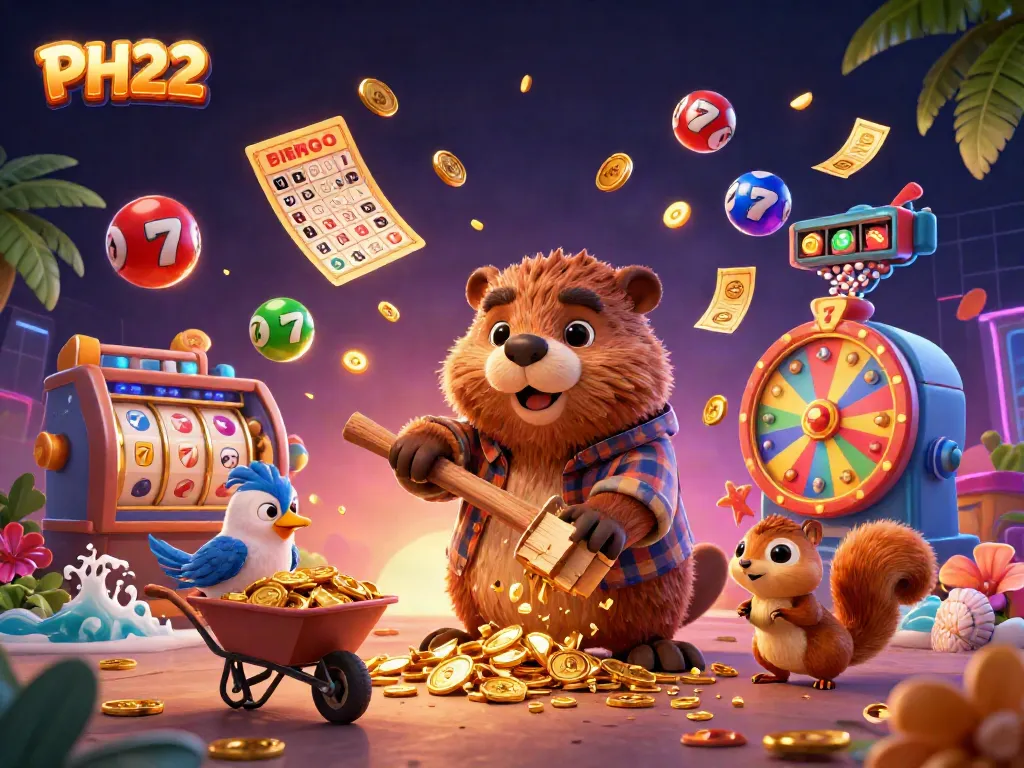 Engage with PH222 as a vibrant 3D casino scene with whimsical characters enjoying their gaming experience.