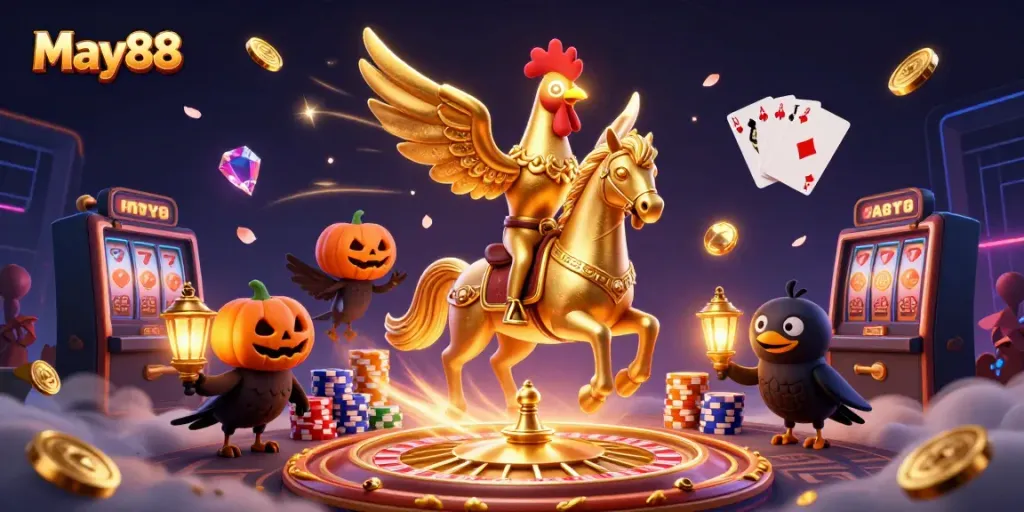 Experience the thrilling May88 casino atmosphere with vibrant characters and extravagant game elements.