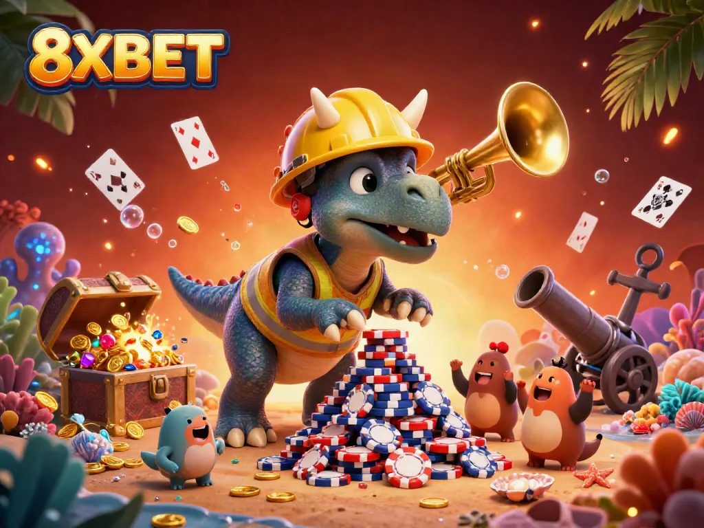 Experience vibrant gameplay with 8XBET in a lively 3D scene filled with poker chips and cheering dinosaurs.