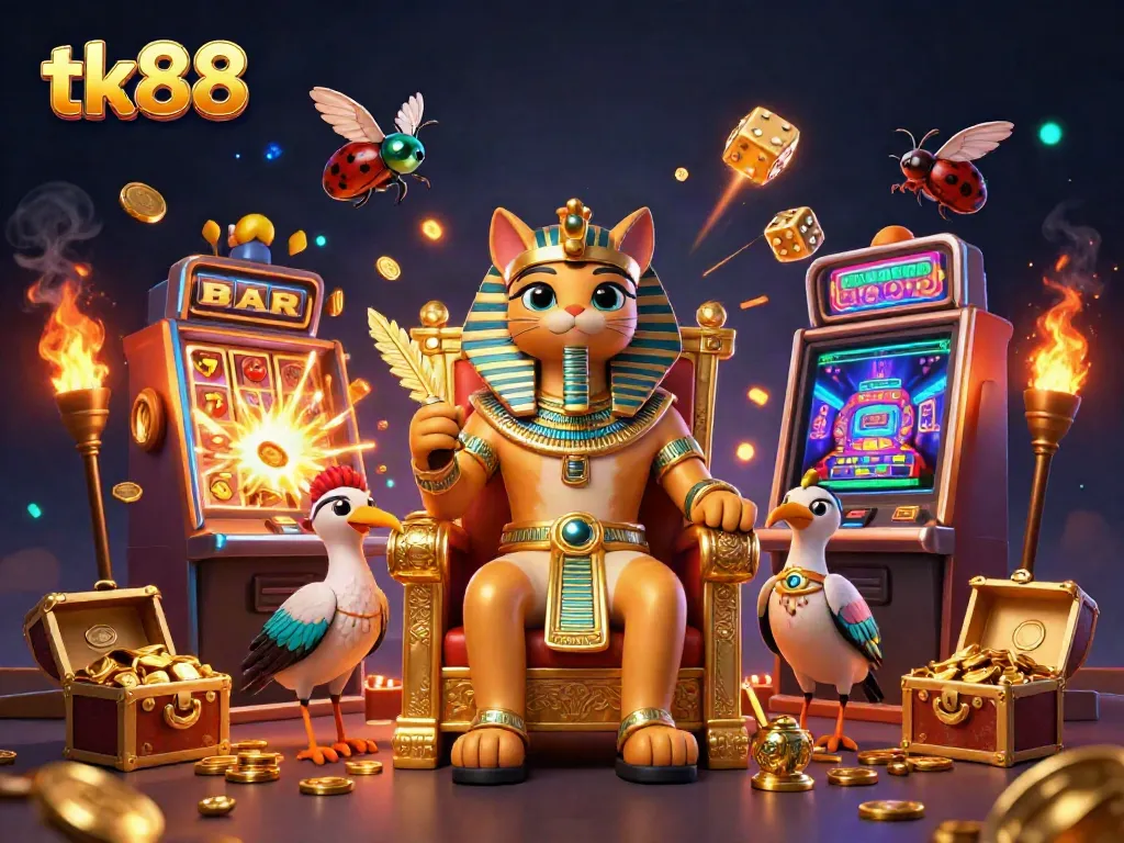 Enjoy an exciting gaming scene with tk88 featuring an Egyptian pharaoh cat and slot machines bursting with coins.