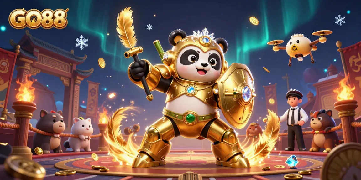 Engage with GO88 casino excitement featuring a golden panda in a mech-suit battling in a vivid arena.