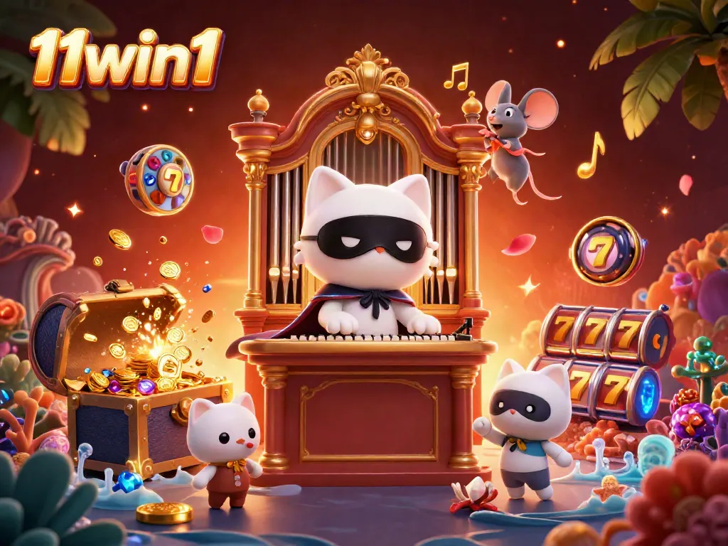 Engage in thrilling play with 11win1 as the phantom cat and acrobat bring casino fun to life amidst captivating golden treasures.