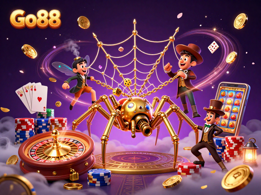 Engage with the thrilling world of Go88 through a dynamic 3D casino illustration showcasing steampunk characters and vibrant gaming elements.